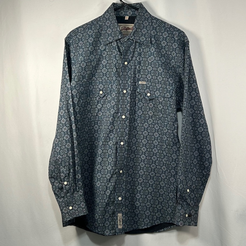 Rafter C Cowboy Western Shirt Mens Medium Blue Pattern Long Sleeve‎ Button Up